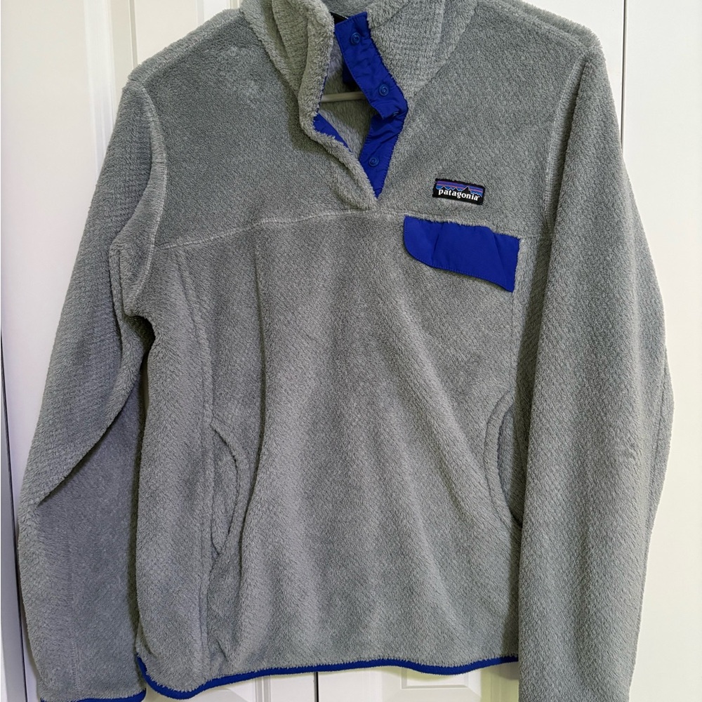 Patagonia Gray Fleece Pullover with Blue Trim